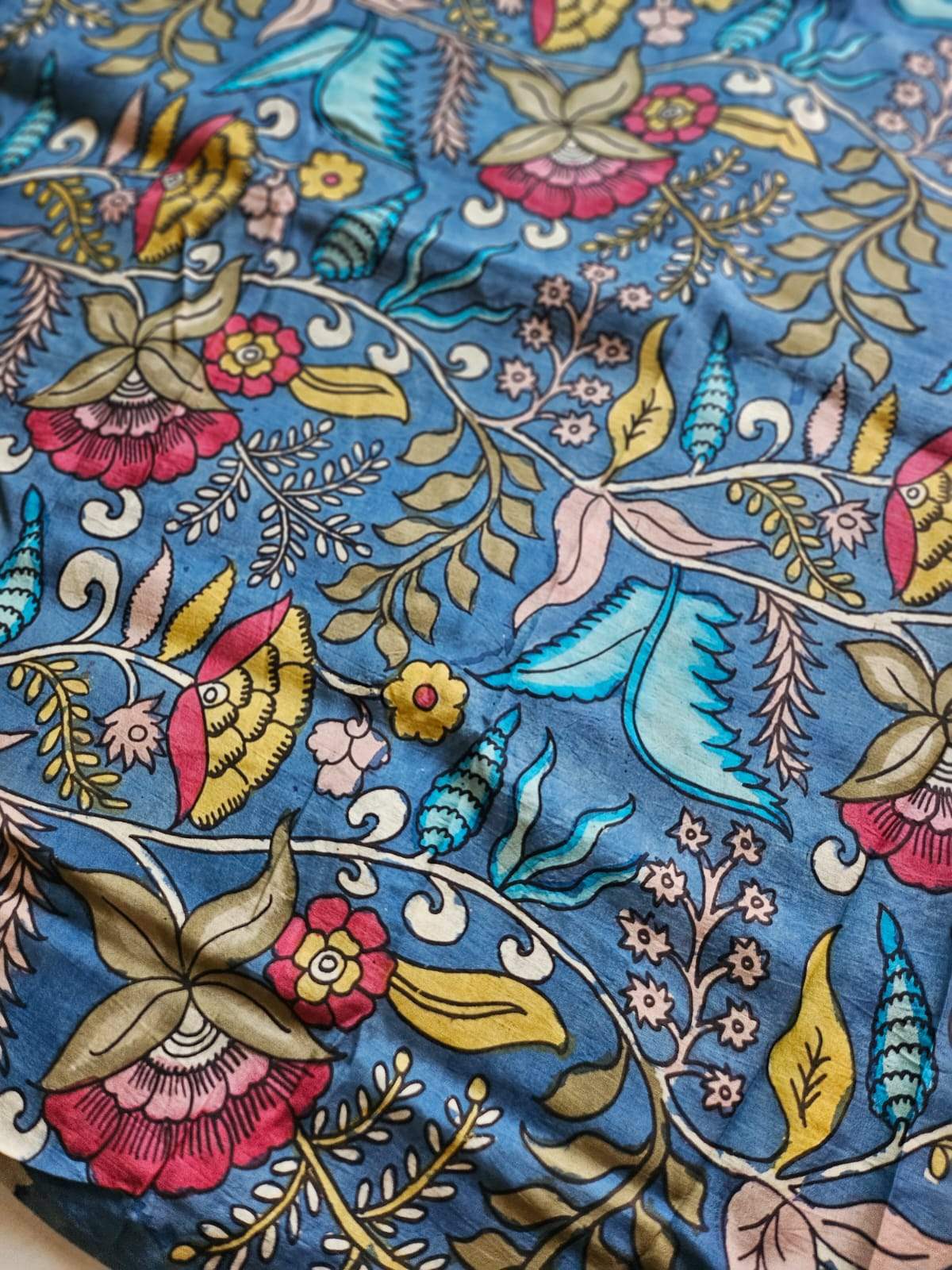 Floral Bangalore Silk Pen Kalamkari Blouse Fabric with Blue Base Colour