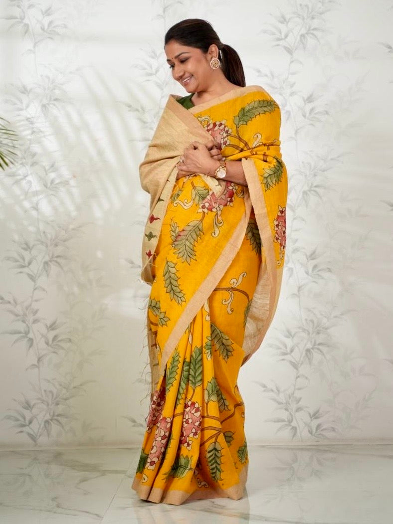 Handloom Matka Silk Floral Kalamkari Saree In Kesari Colour (PREORDER 1 month)