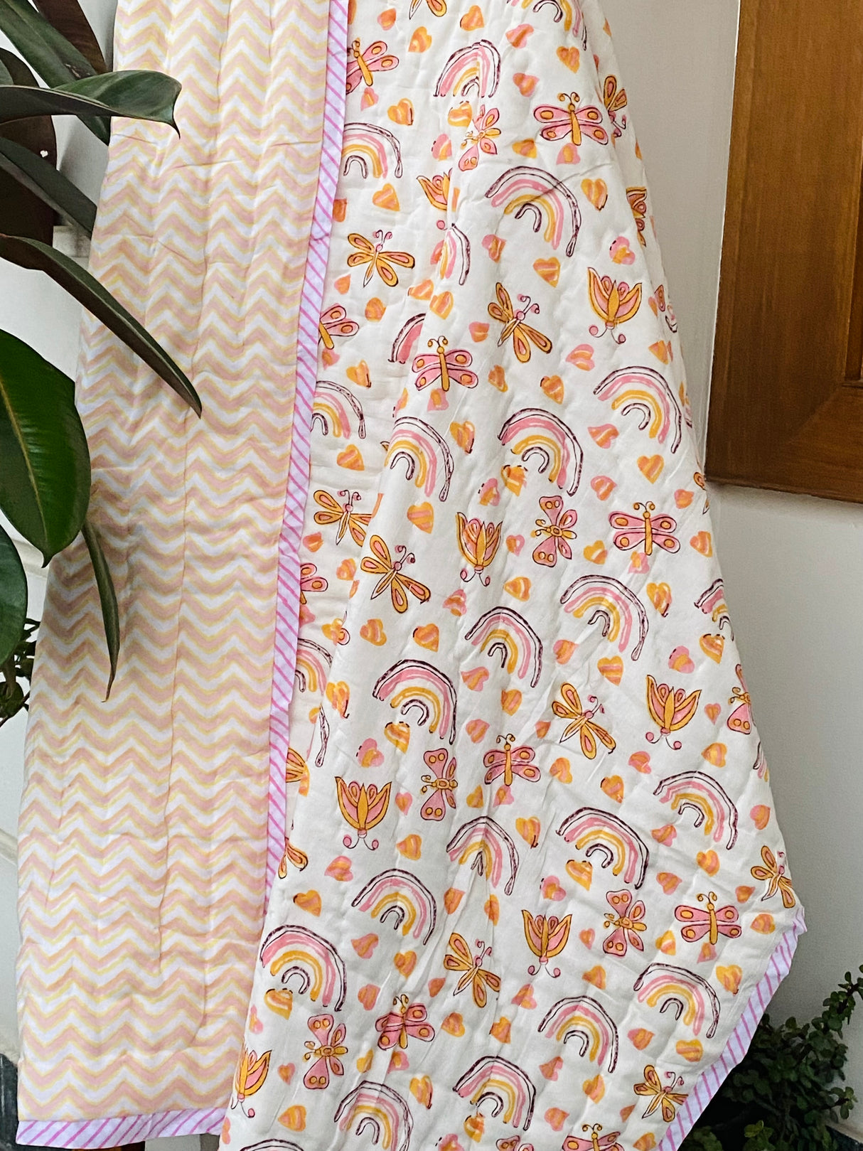 Rainbow Butterfly Blockprint Kids Quilt