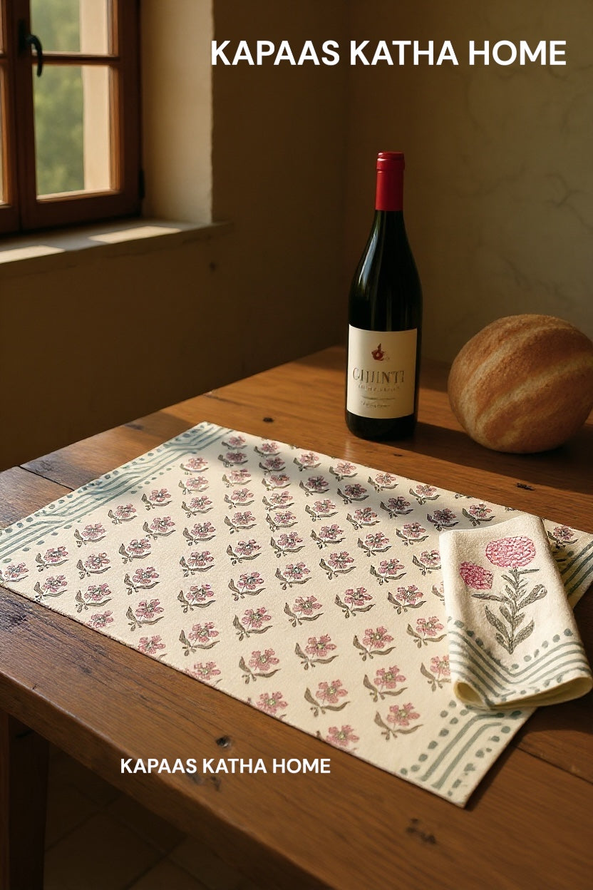 Blockprint Table Runner, Mat & Napkin Set- 6 Seater