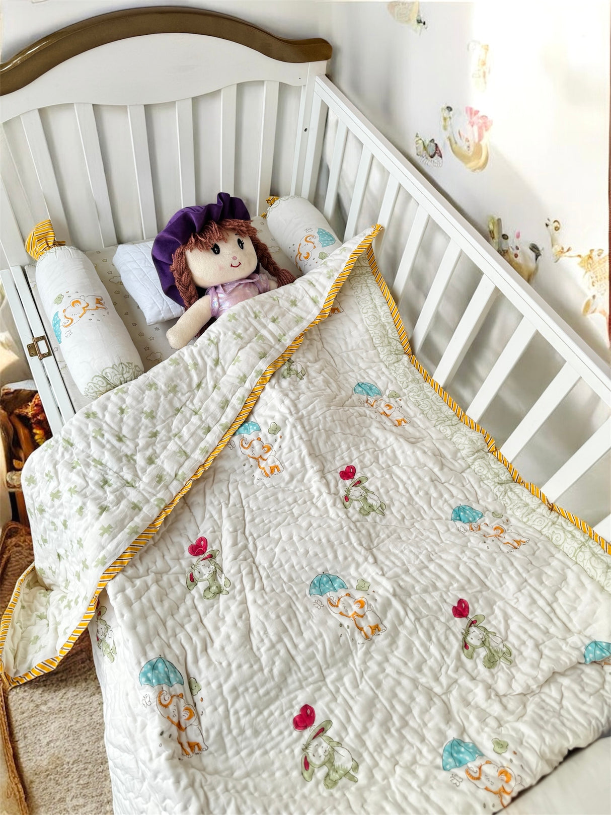 Cute Elephant- Baby Cot Bedding (quilt, pillow, bolsters)