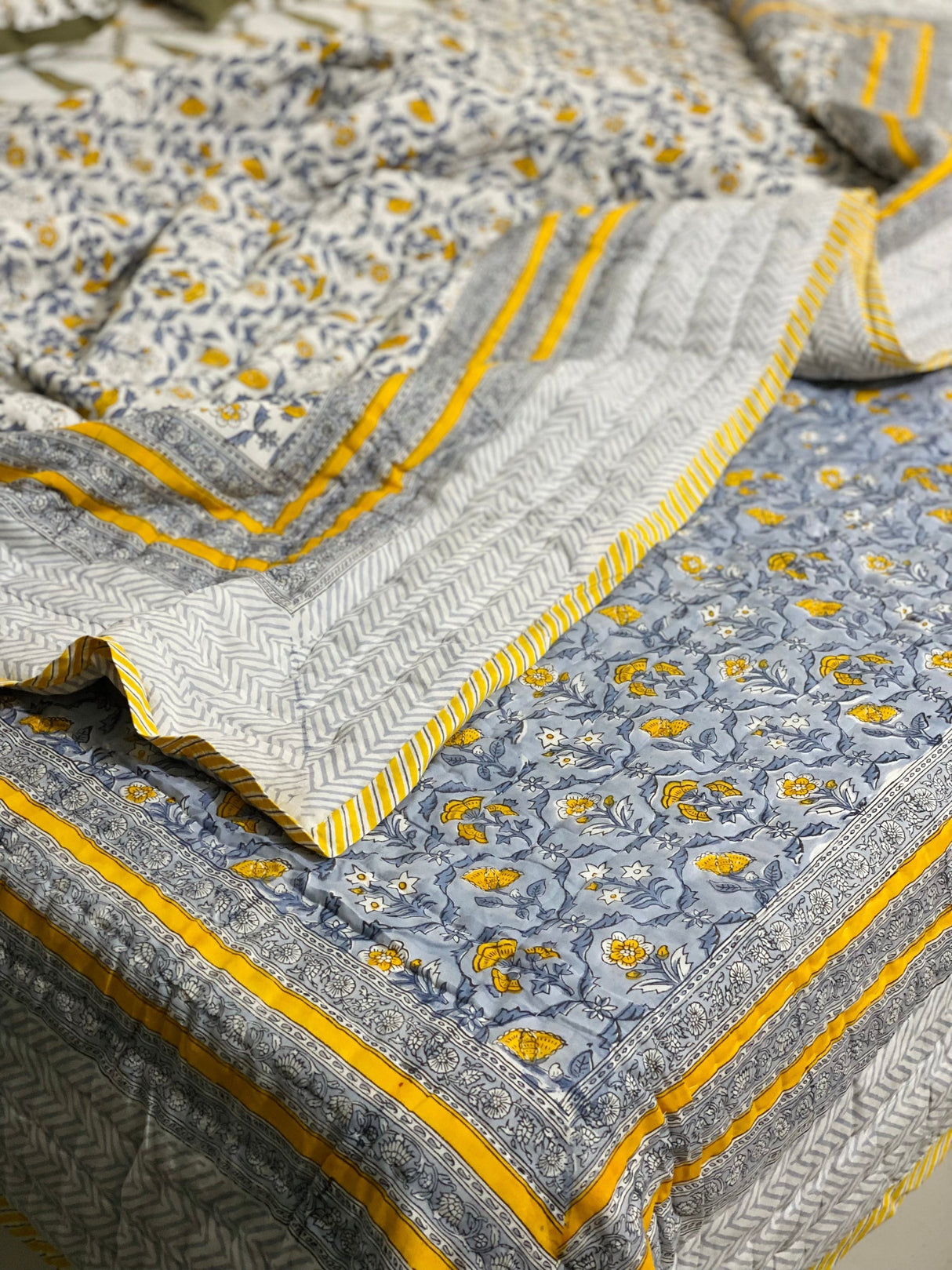 Yellow Bloom Blockprint Bedsheet & Quilt Set