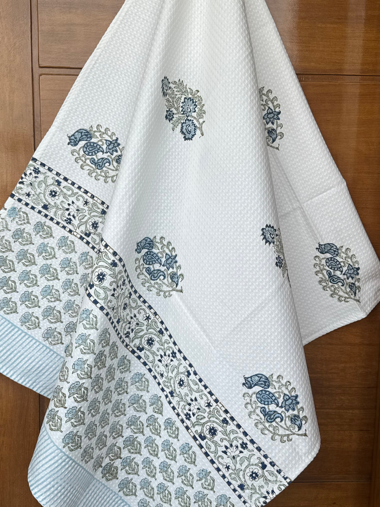 Chic Blue Blockprint Cotton Towel – Waffle Weave