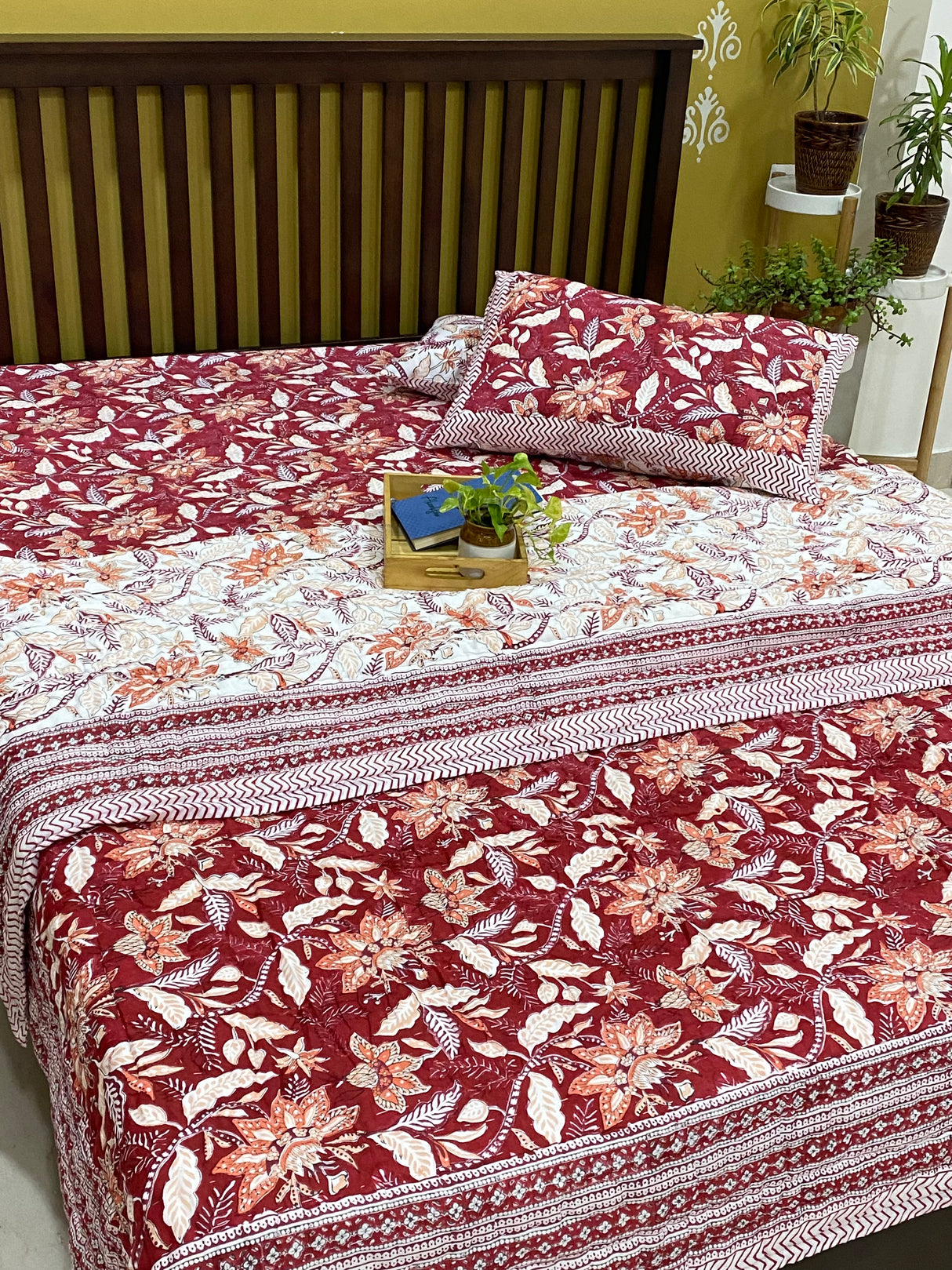 Rich Maroon Blockprint Bedsheet & Quilt Set