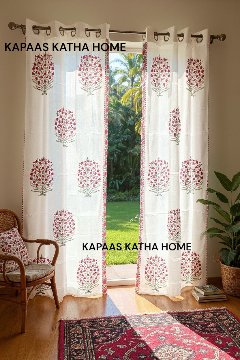 Pair of Pink Blockprint Cotton Curtain (Set of 2)