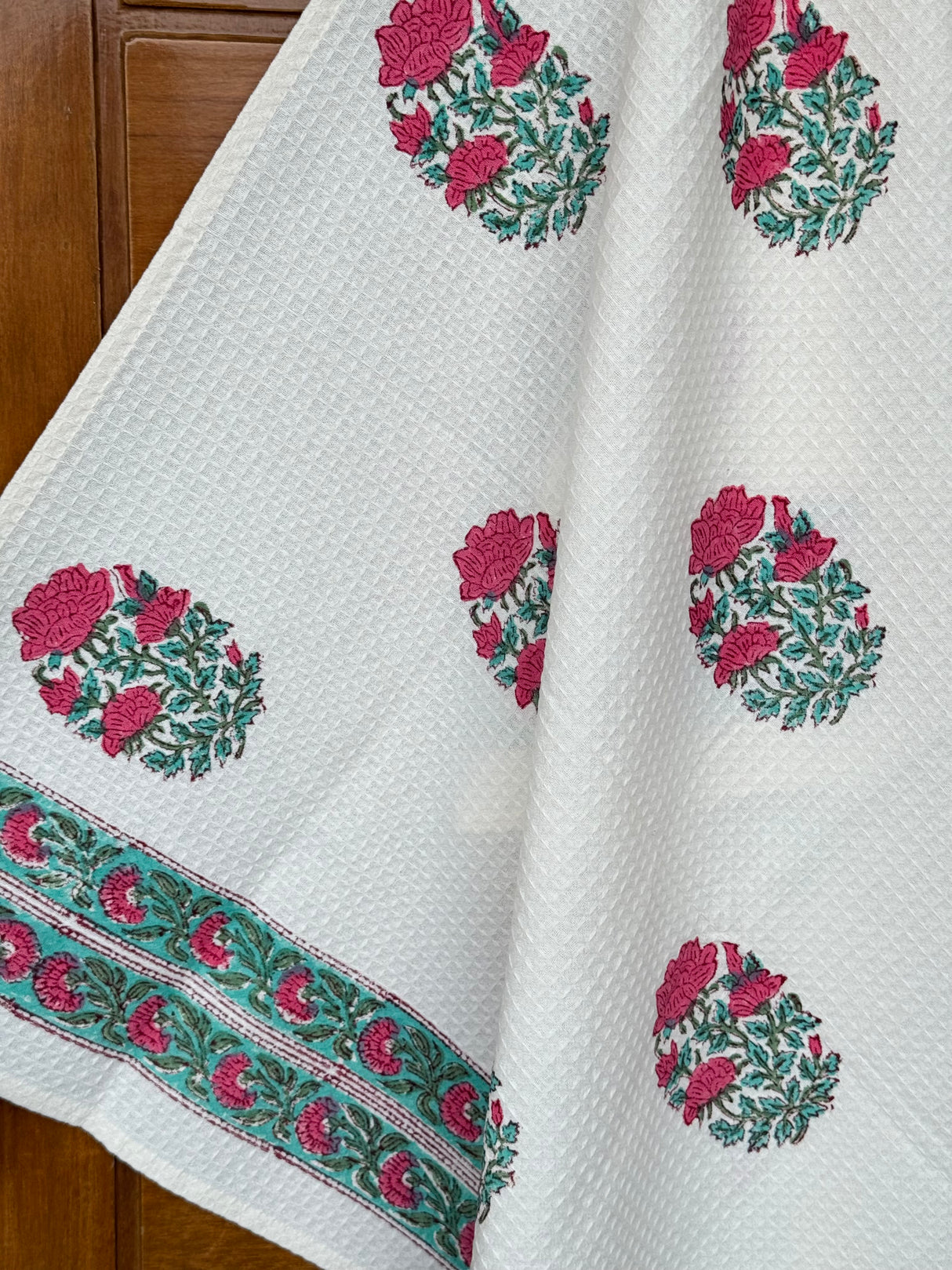 Pretty Rose Blockprint Cotton Towel- Waffle Weave