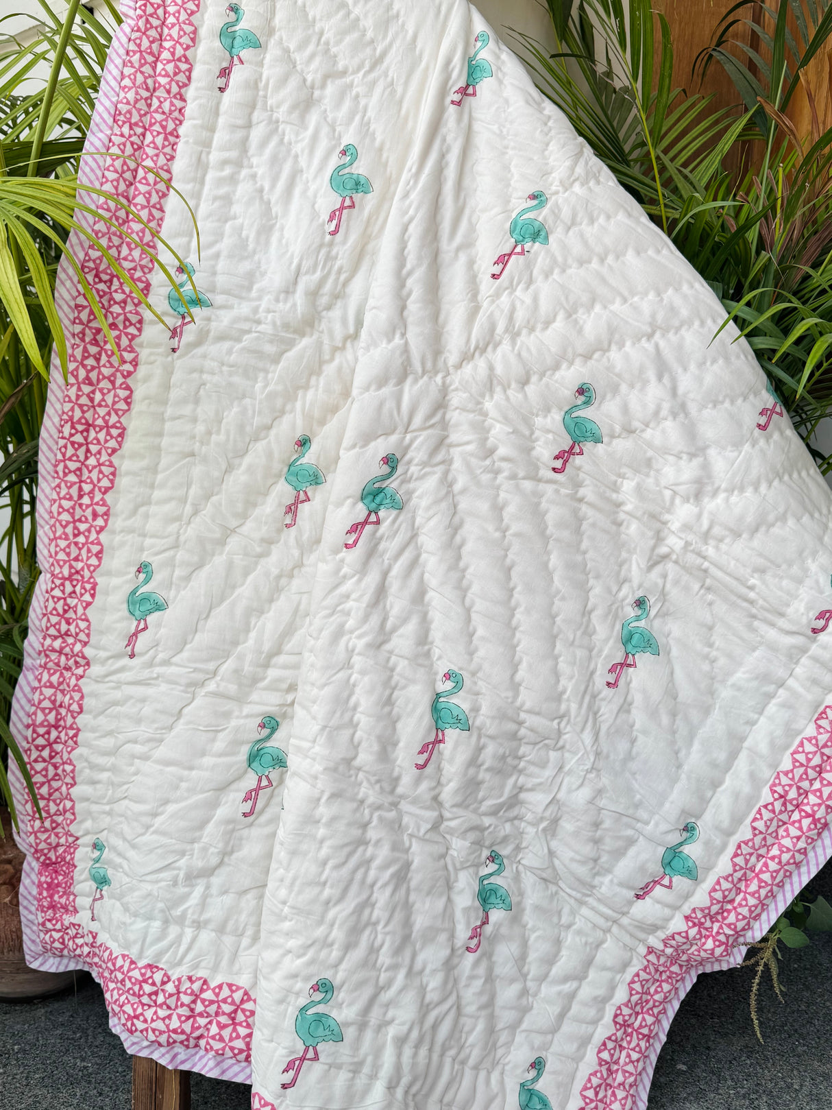 Pink Flamingo Kids Quilt Handblock Printed