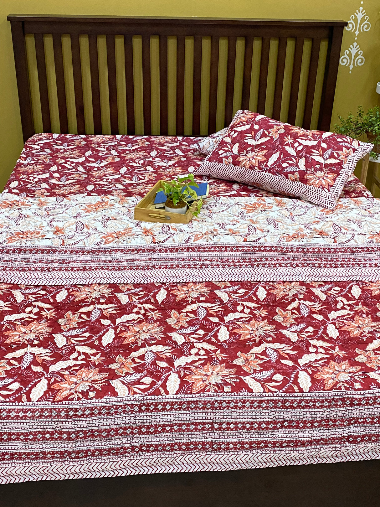 Rich Maroon Blockprint Bedsheet & Quilt Set
