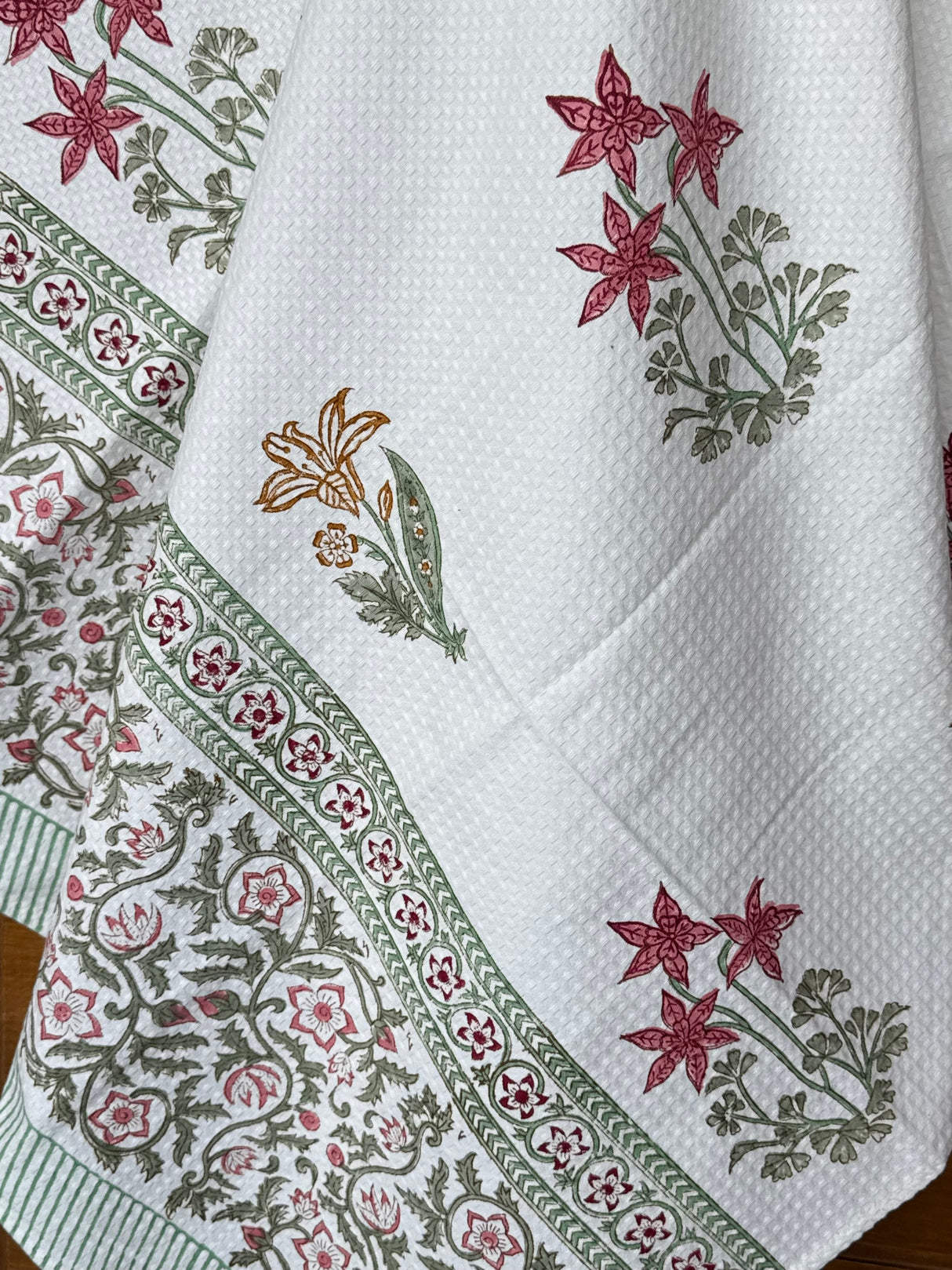 Exquisite Floral Blockprint Cotton Towel- Waffle Weave