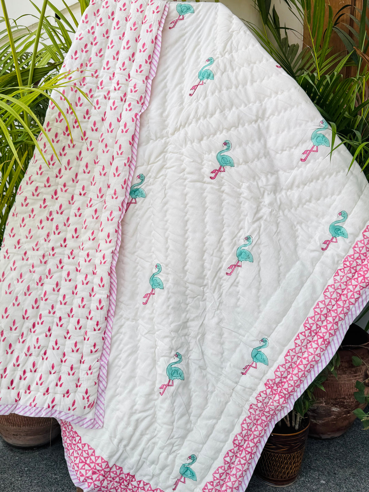 Pink Flamingo Kids Quilt Handblock Printed