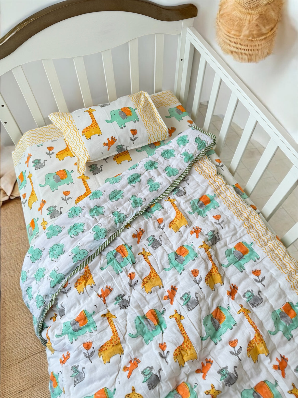 Adorable Giraffe Elephant- Baby Cot Bedding (cot sheet, quilt, pillowcase)