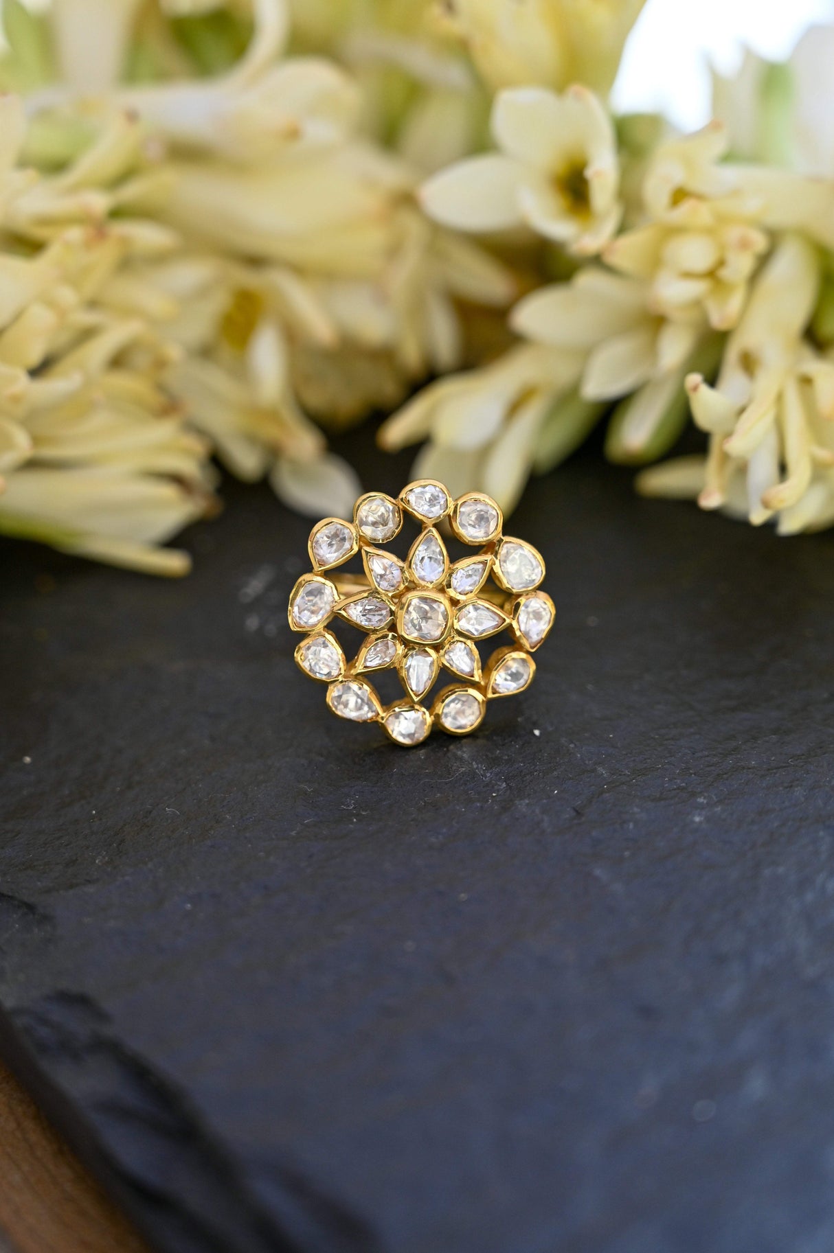 Regal Dream Handcrafted Adjustable 92.5 Silver Ring with Moissanite polki