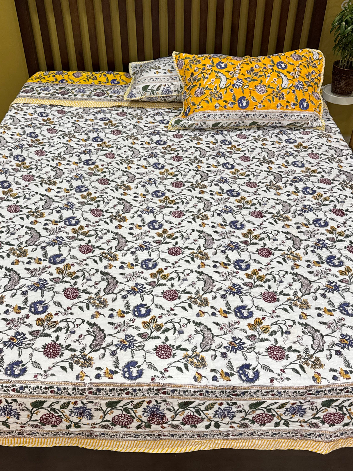 KING Size Quilted Blockprint REVERSIBLE Mulmul Bedcover (108*108 inches)