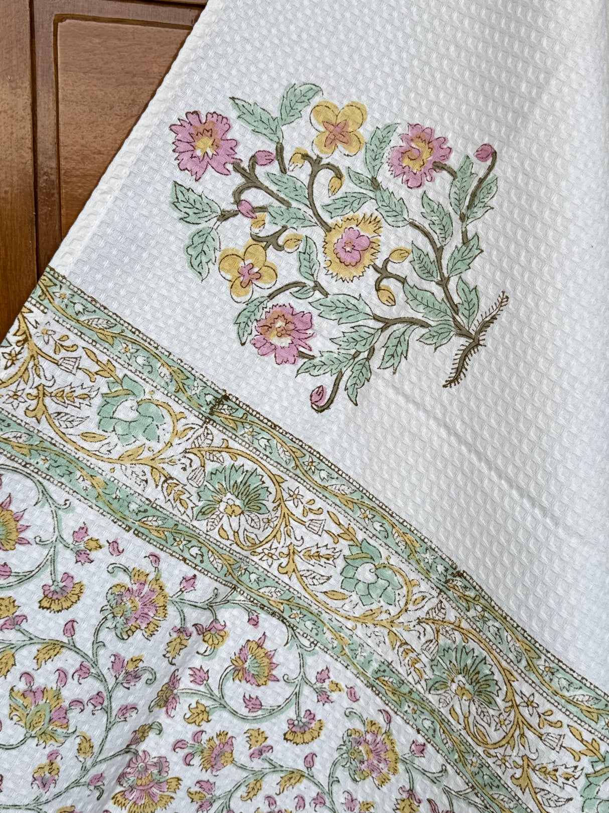 Pastel Floral Blockprint Cotton Towel- Waffle Weave