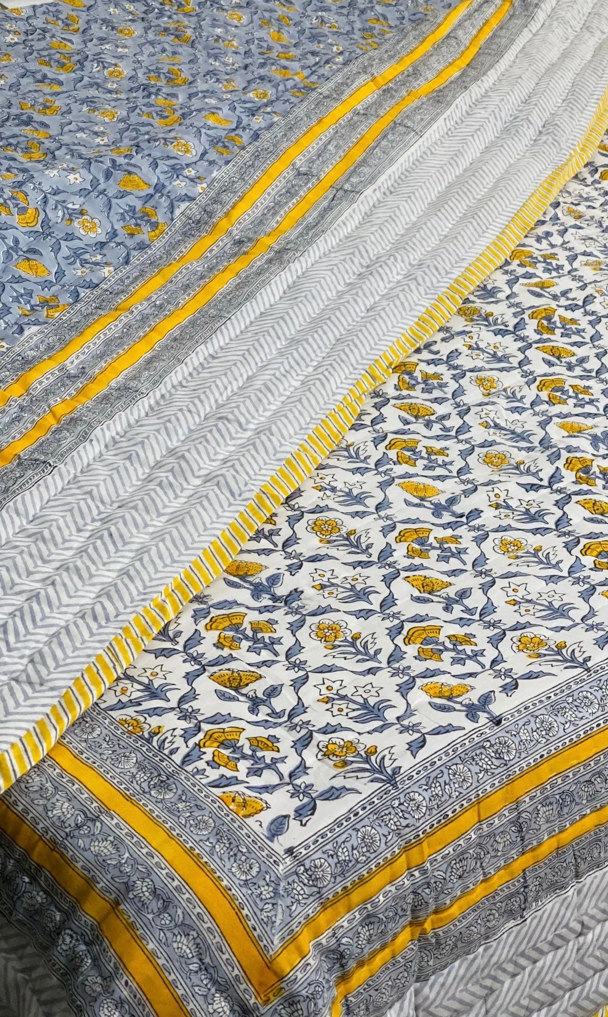 Yellow Bloom Blockprint Bedsheet & Quilt Set