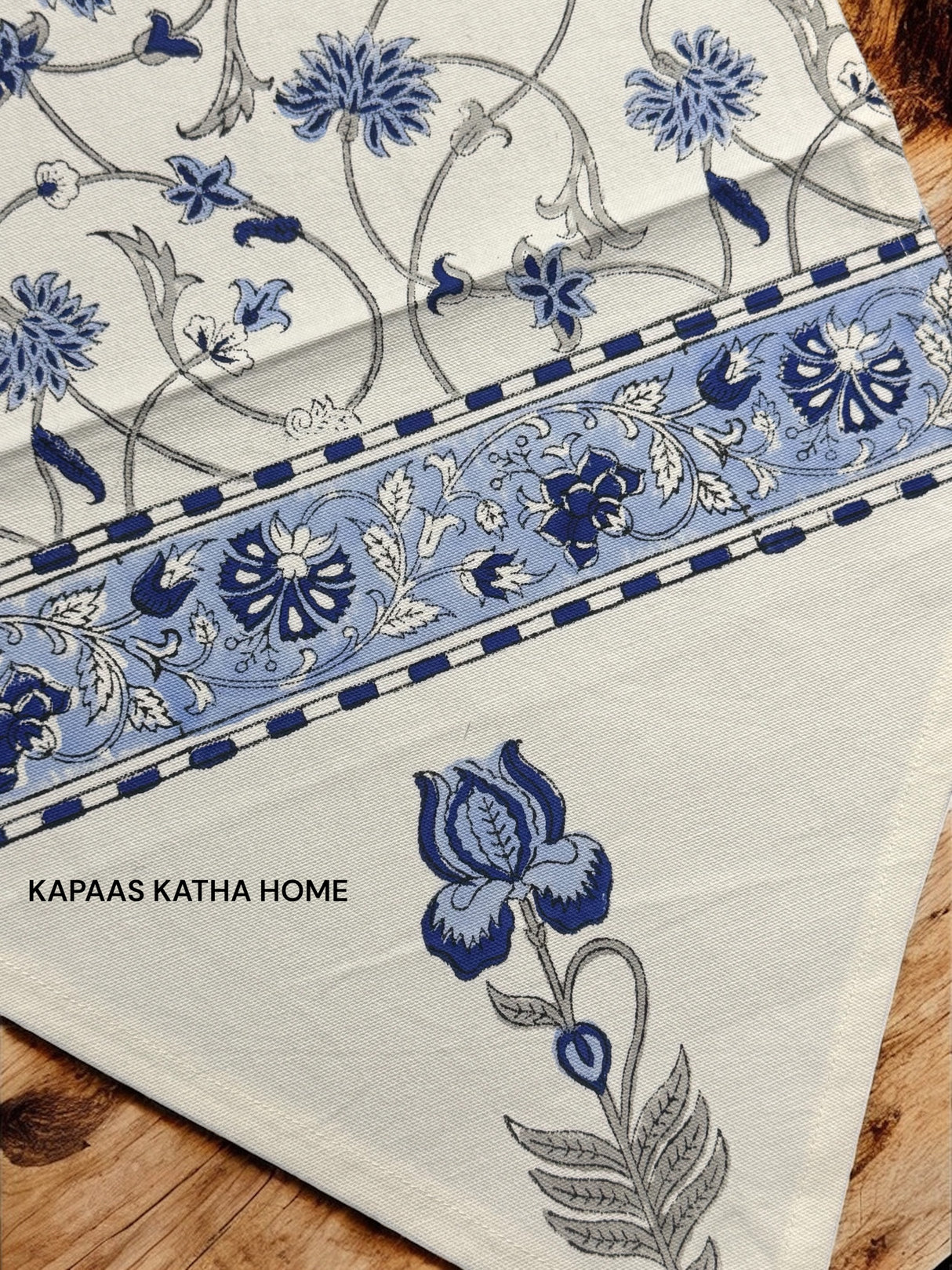 Elegant Blue Blockprint Cotton Table Runner
