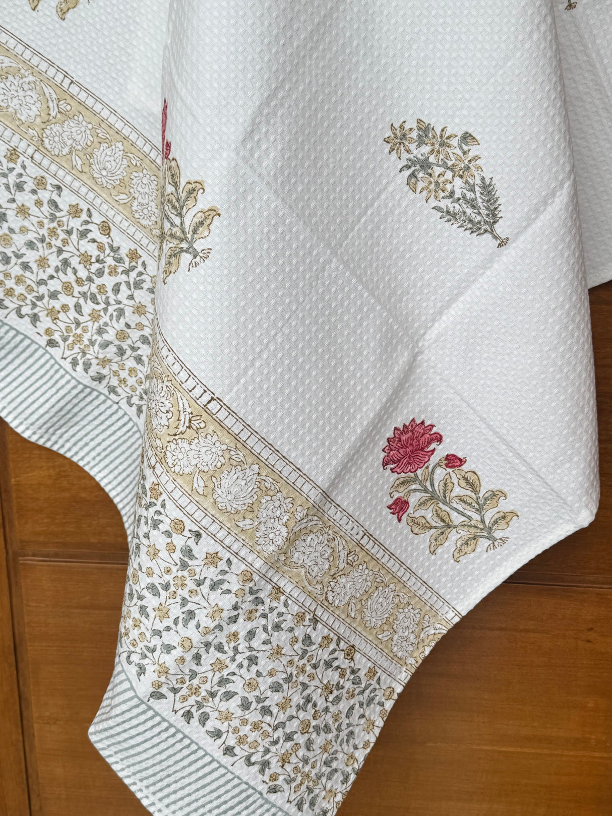 Subtle Red Floral Blockprint Cotton Towel – Waffle Weave