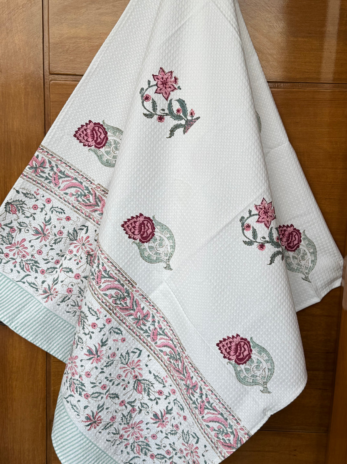 Delightful Floral Blockprint Cotton Towel- Waffle Weave