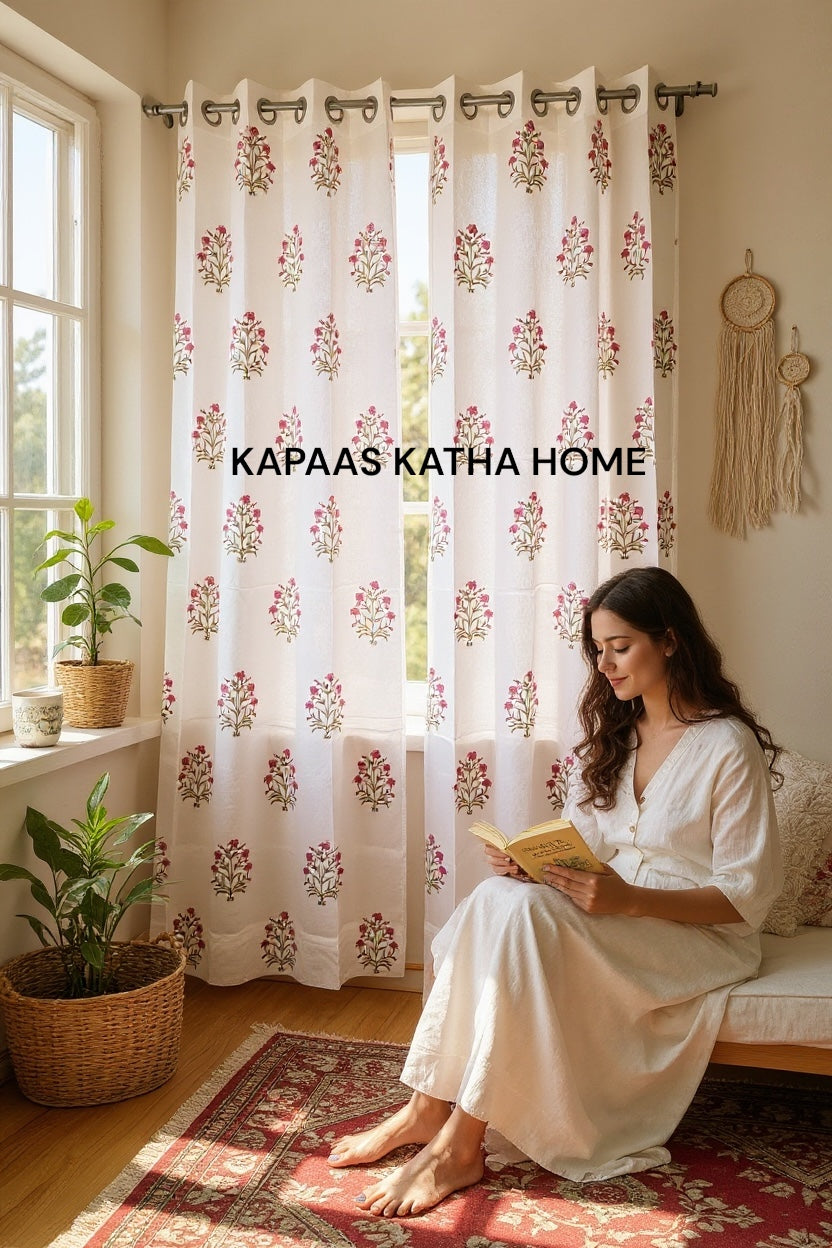 Pair of Pink Blockprint Cotton Curtain (Set of 2)