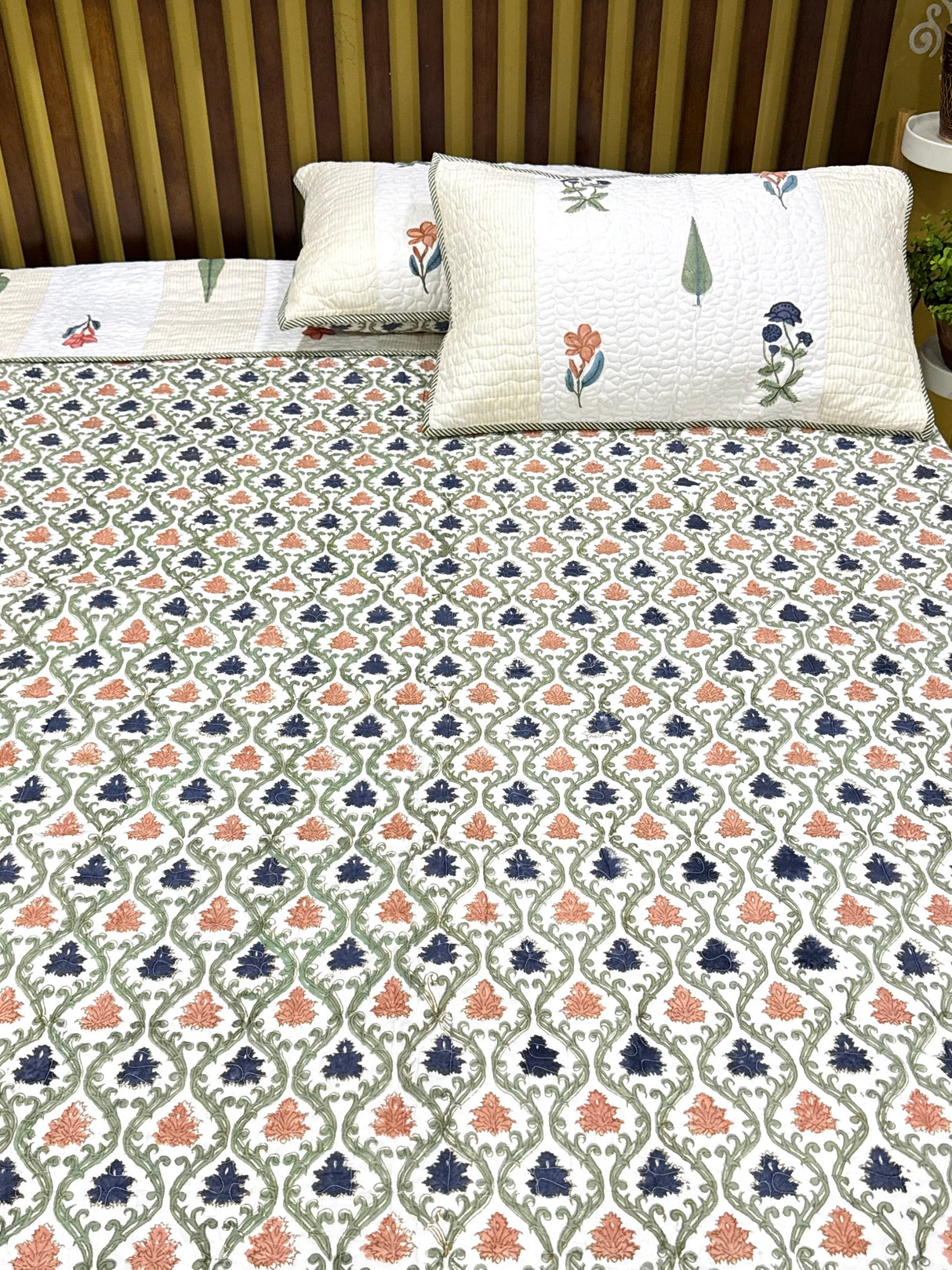 Double Size Quilted Blockprint REVERSIBLE Mulmul Bedcover (90*108 inches)