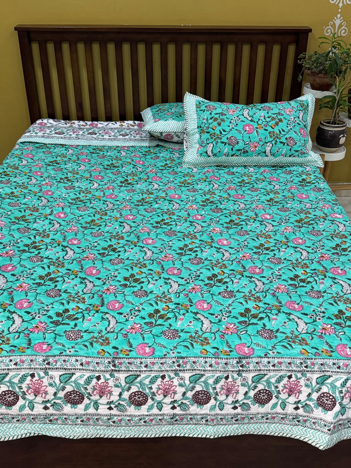 KING Size Quilted Blockprint REVERSIBLE Mulmul Bedcover (108*108 inches)
