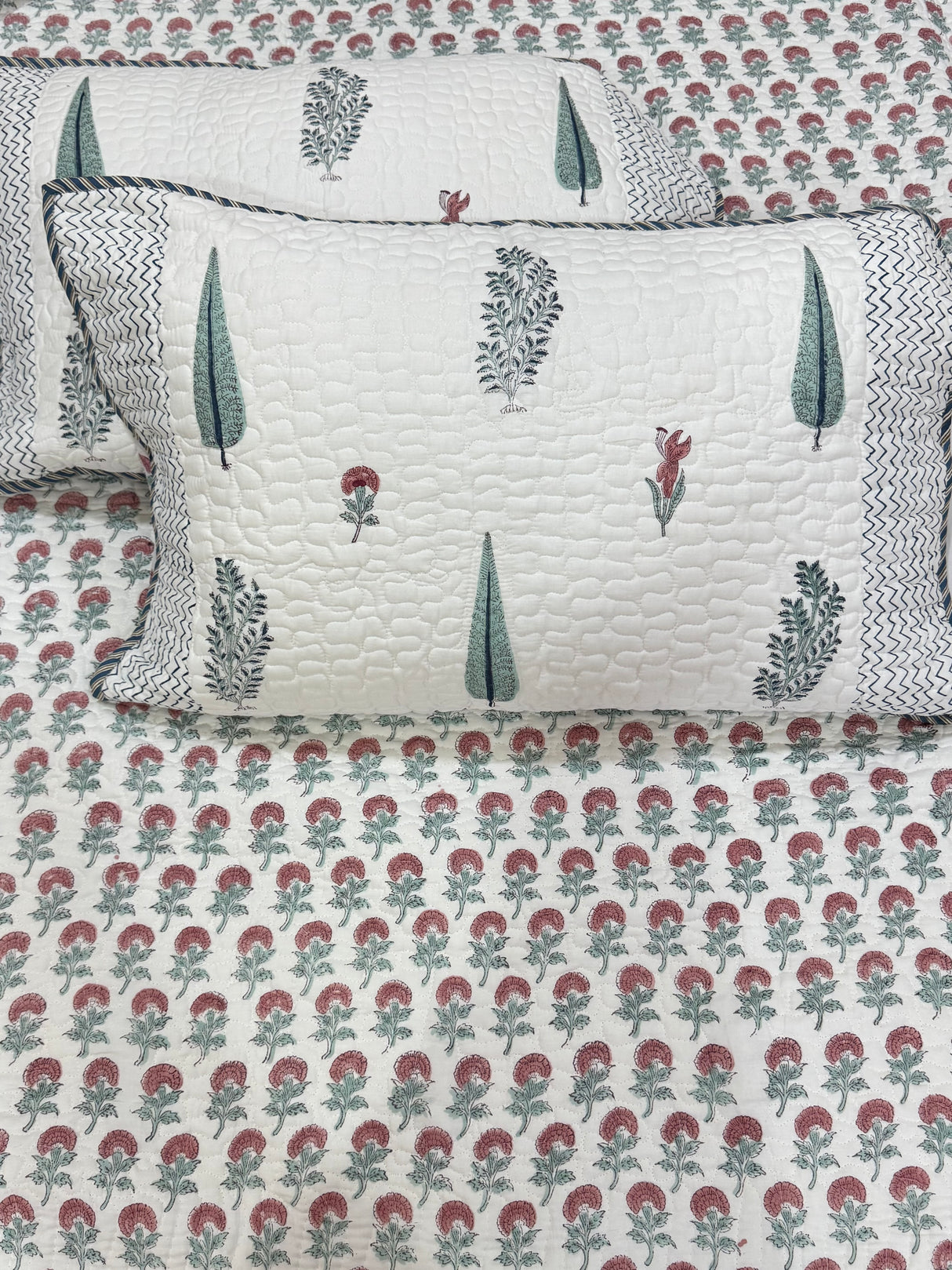 KING Size Quilted Blockprint REVERSIBLE Mulmul Bedcover (108*108 inches)