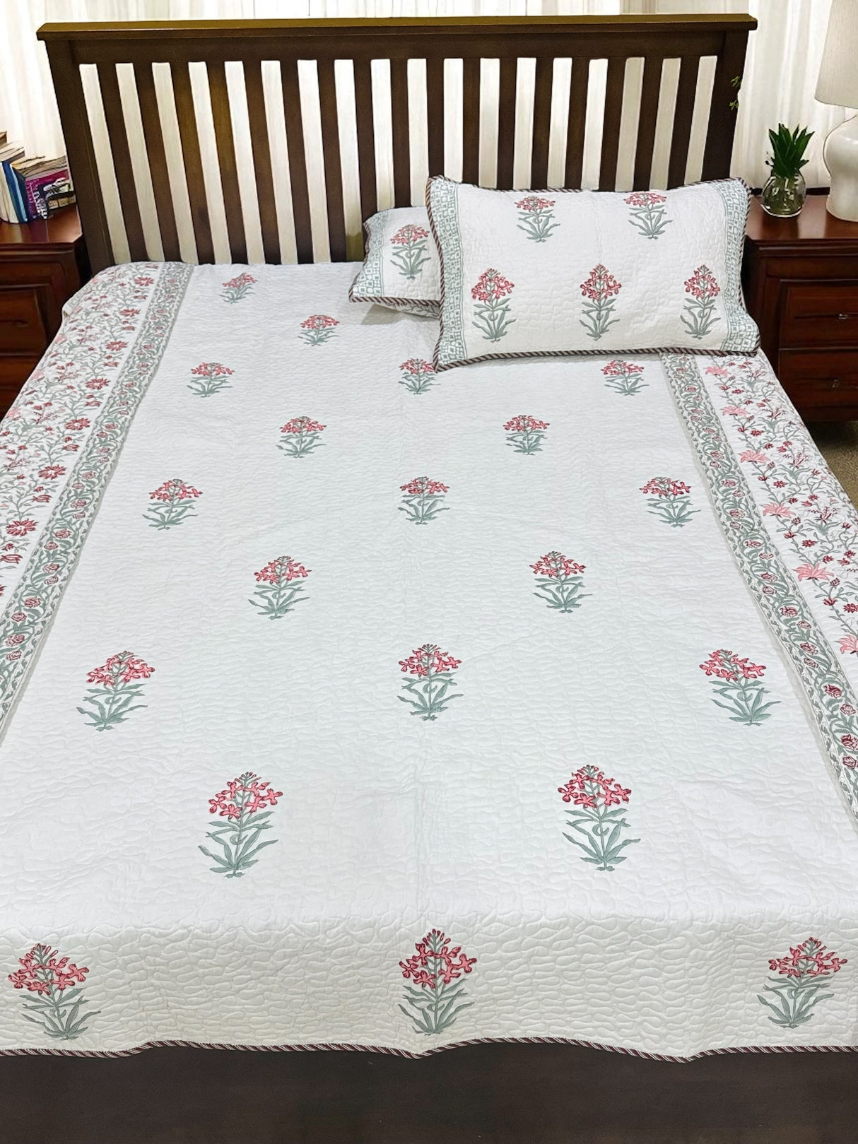KING Size Quilted Blockprint REVERSIBLE Mulmul Bedcover (108*108 inches)