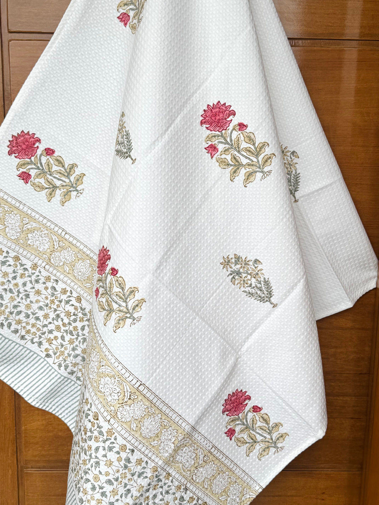 Subtle Red Floral Blockprint Cotton Towel – Waffle Weave