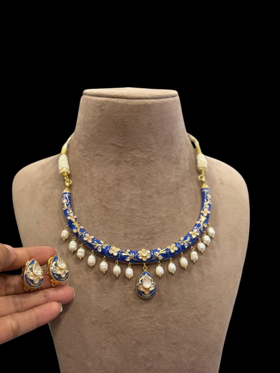 Nilaya - Handcrafted 92.5 Silver Blue Meenakari Hasli with Earrings