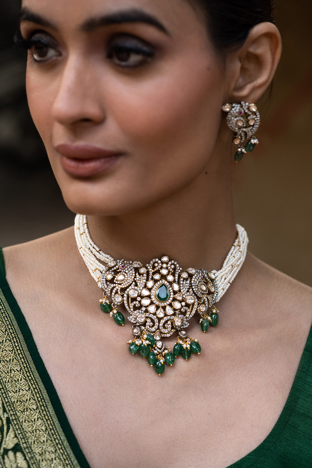 Victorian Finish Handcrafted 92.5 Silver Moissanite Choker with Earrings