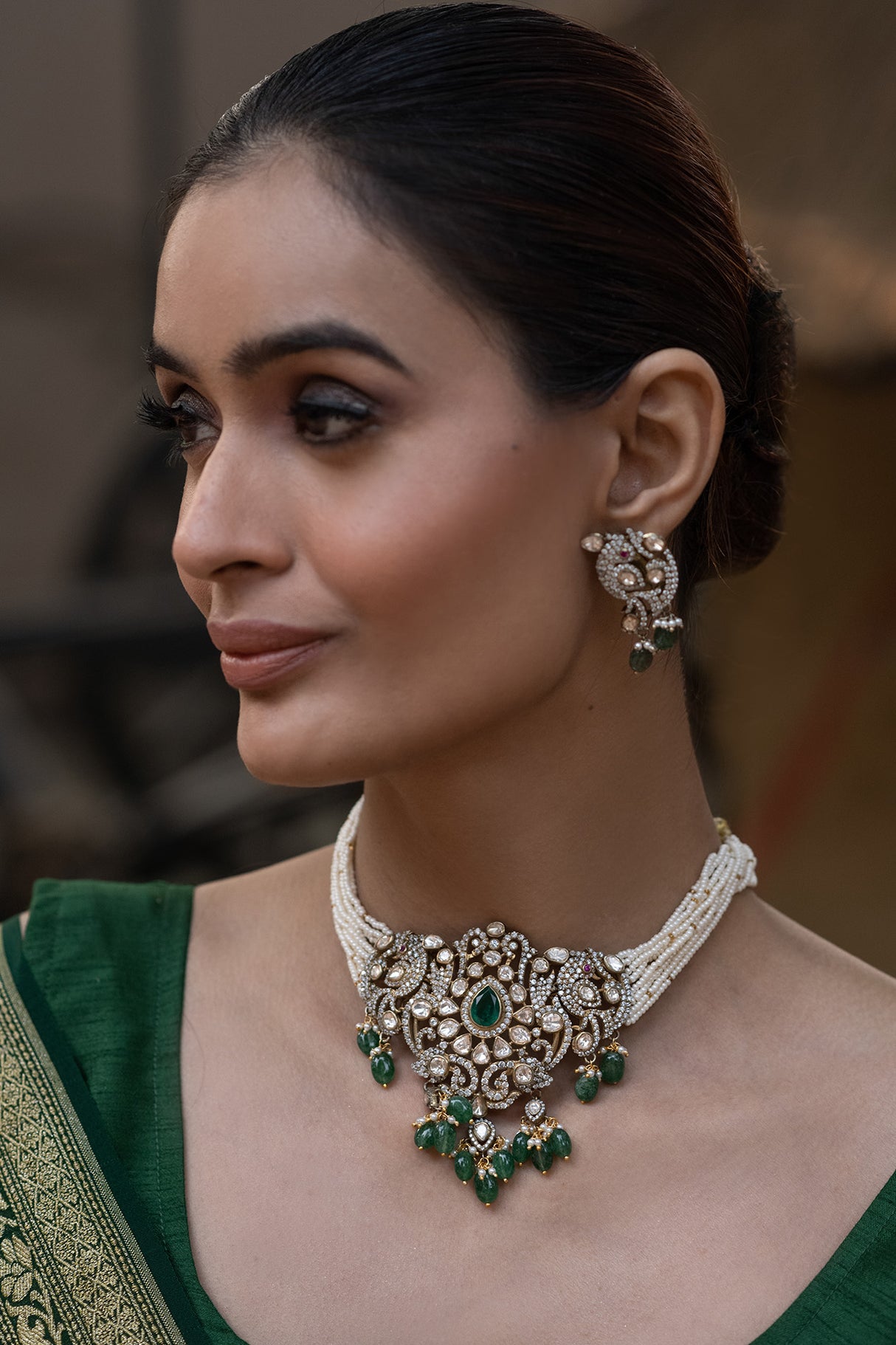 Victorian Finish Handcrafted 92.5 Silver Moissanite Choker with Earrings