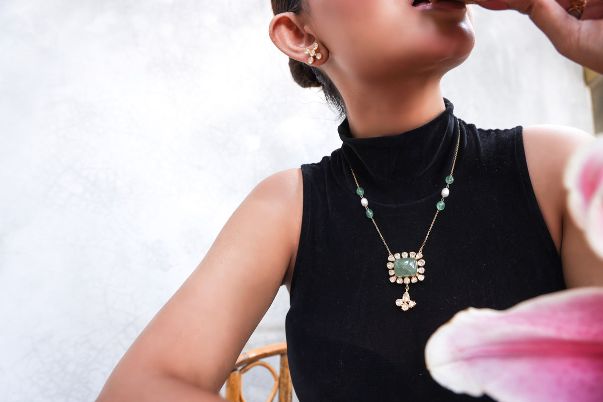 Light of the Earth - Exquisite 925 Silver Pendant Set with Mossianite Polki and Green Aventurine