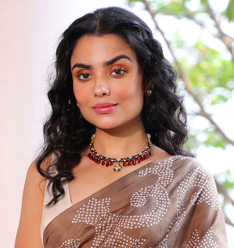 Noor-e-Raat - Handcrafted 92.5 Silver Red and Blue Meenakari Hasli with Earrings