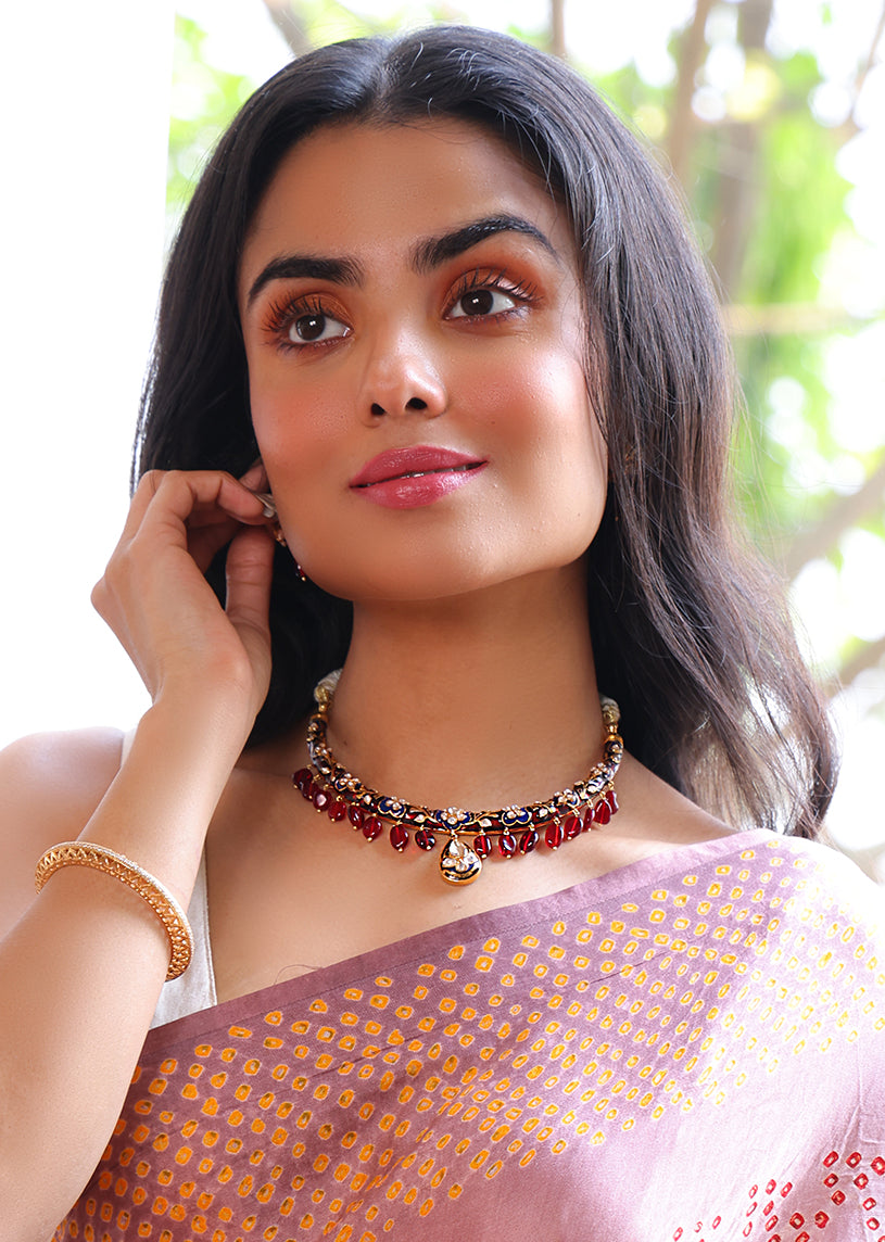 Noor-e-Raat - Handcrafted 92.5 Silver Red and Blue Meenakari Hasli with Earrings