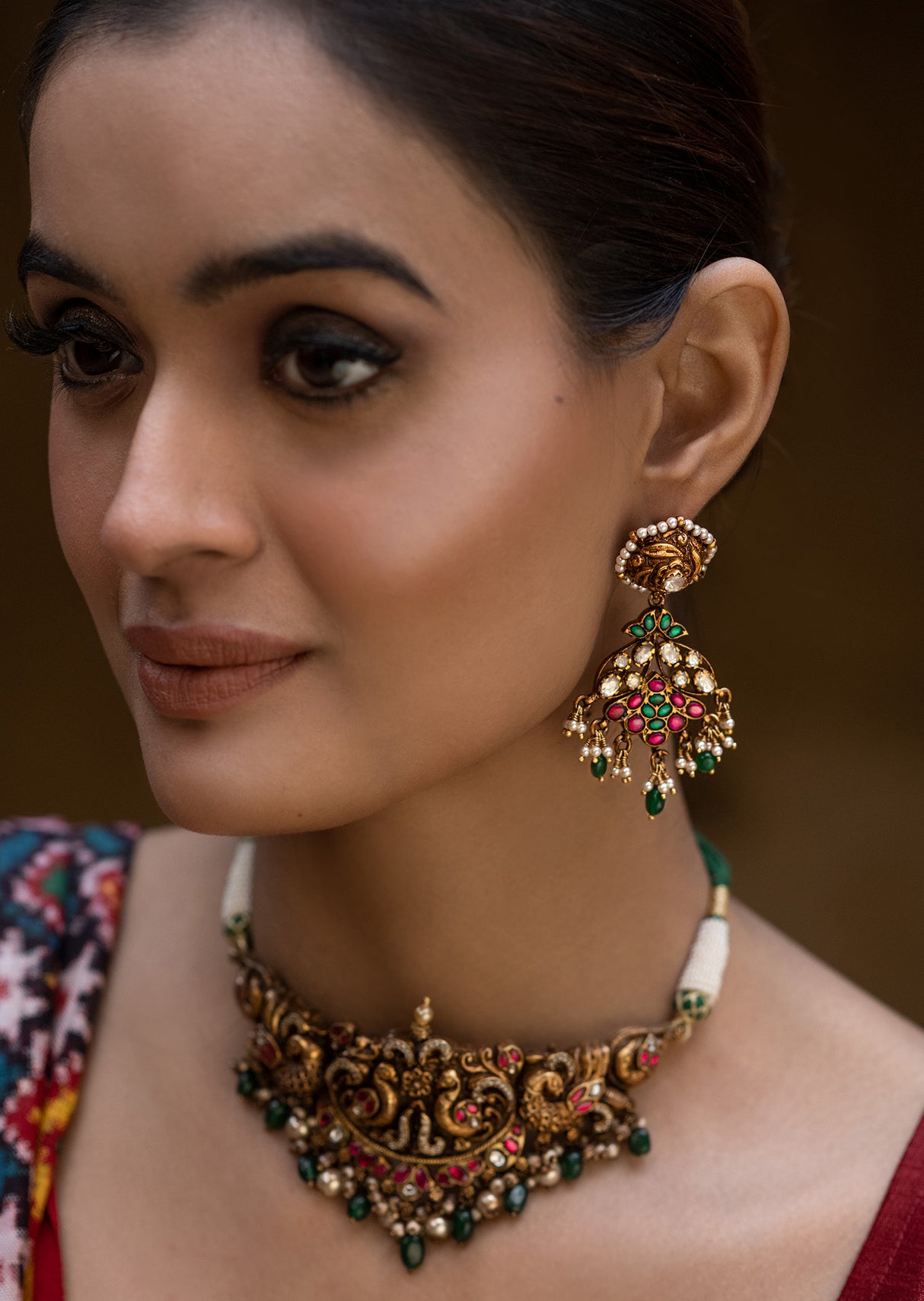 Peacock Theme Handcrafted 92.5 Silver Temple Necklace and Earrings