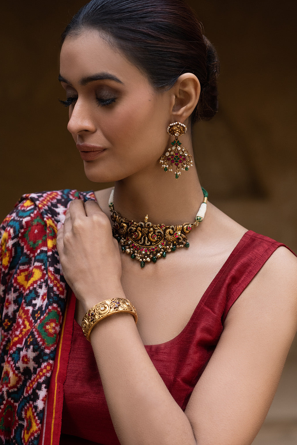 Peacock Theme Handcrafted 92.5 Silver Temple Necklace and Earrings