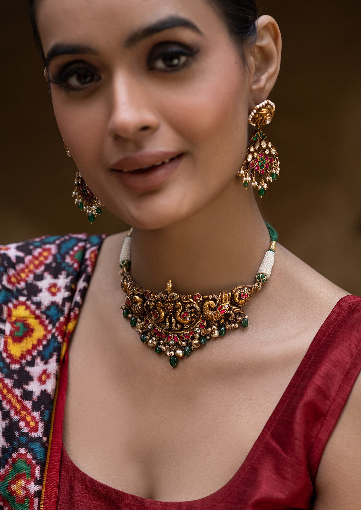 Peacock Theme Handcrafted 92.5 Silver Temple Necklace and Earrings