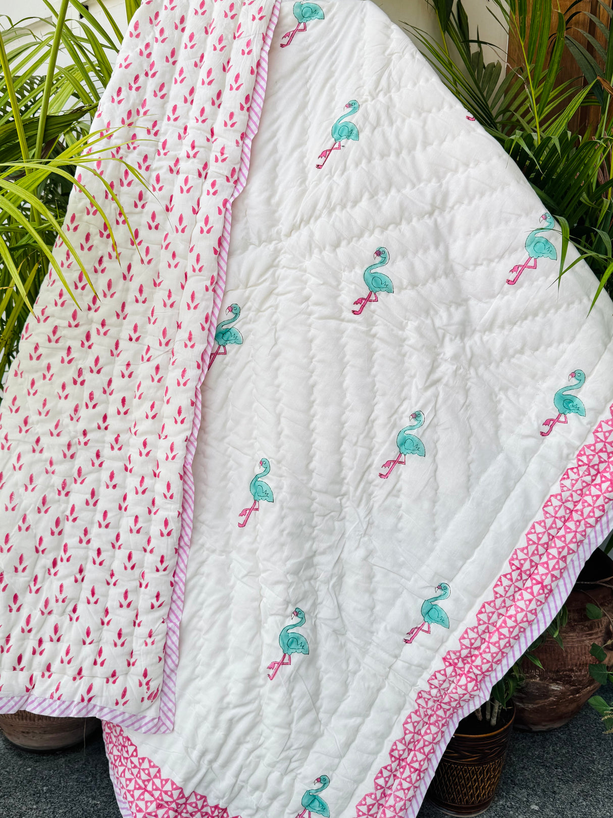 Pink Flamingo Kids Quilt Handblock Printed