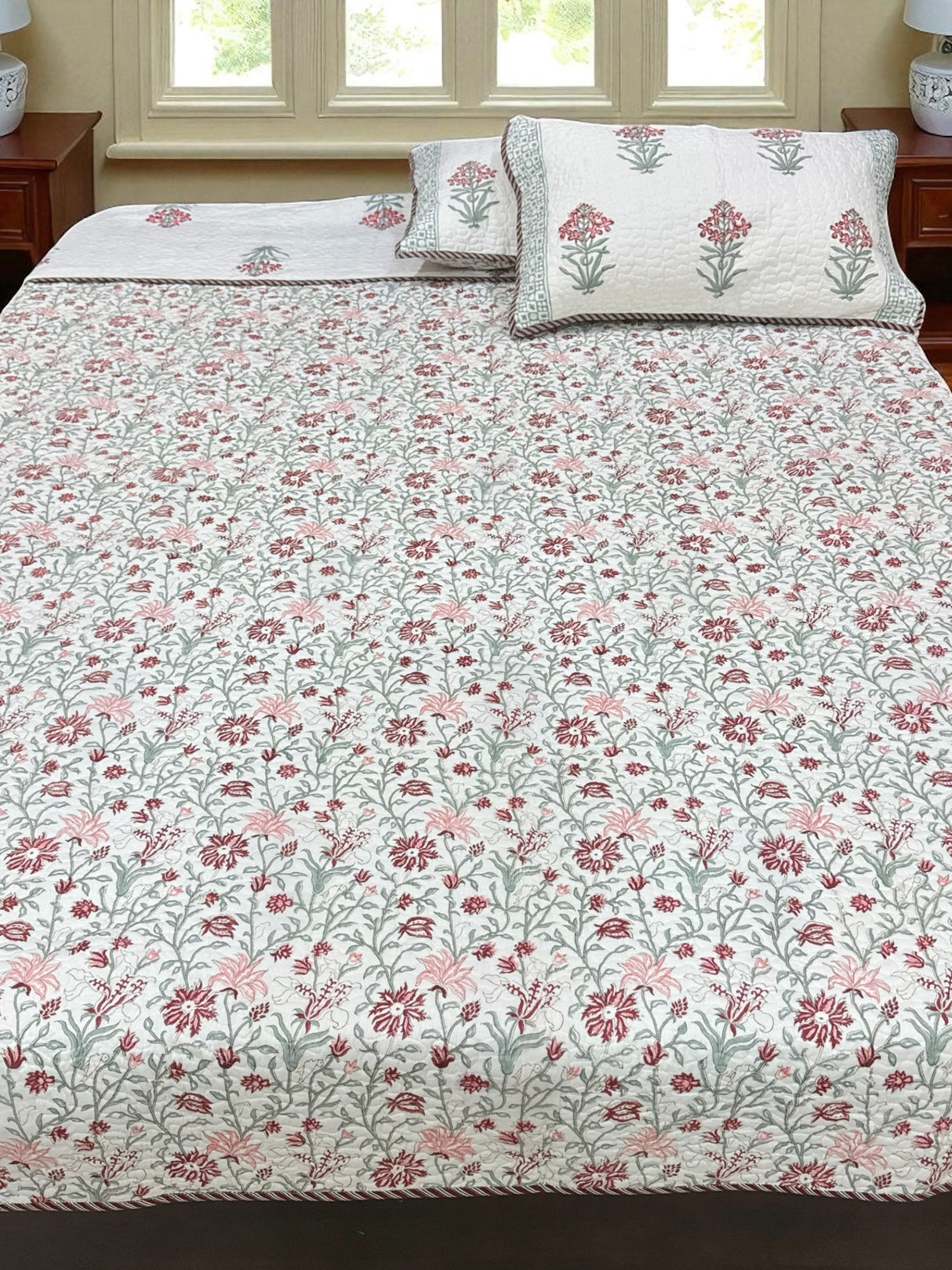 KING Size Quilted Blockprint REVERSIBLE Mulmul Bedcover (108*108 inches)