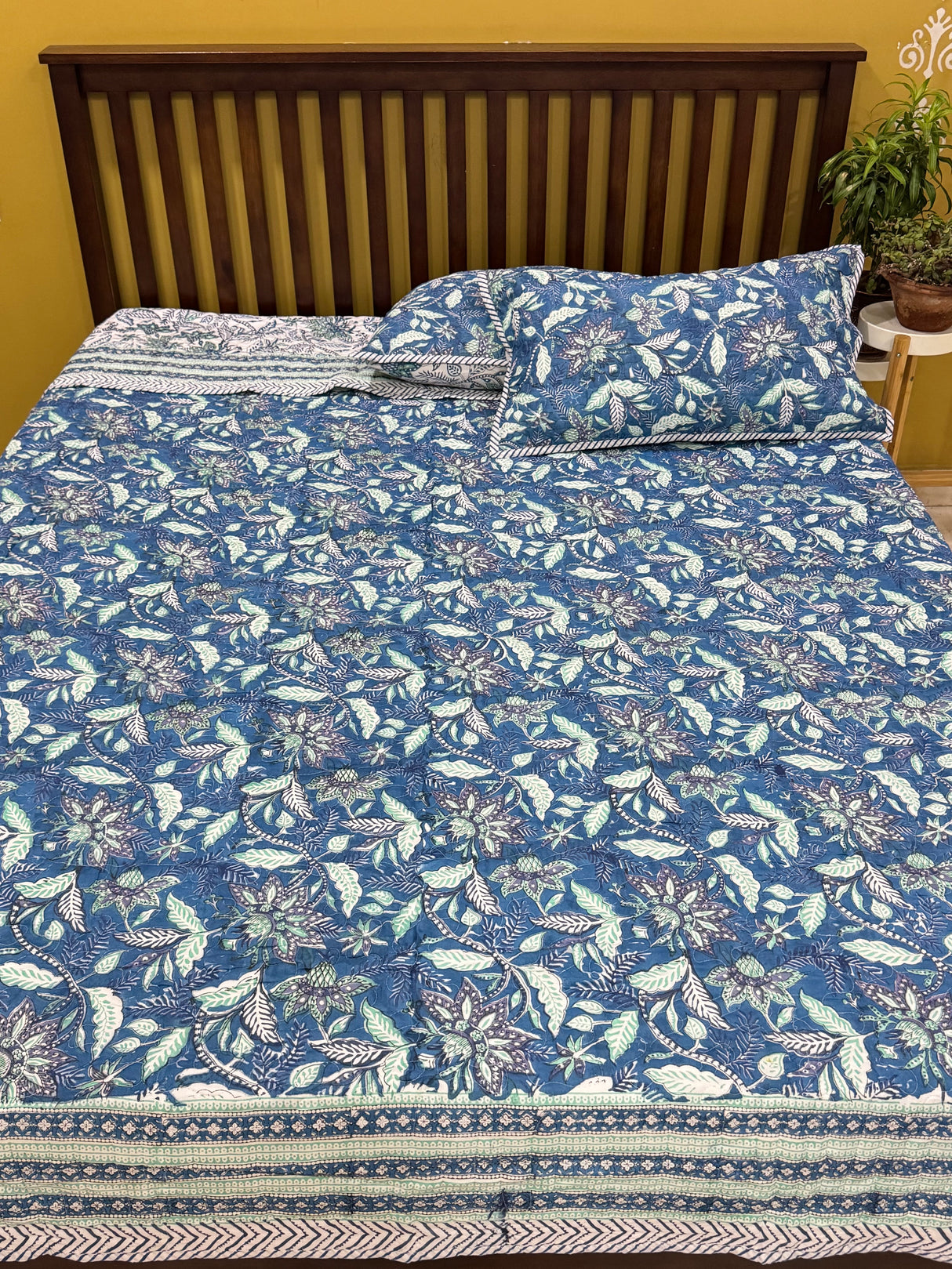 KING Size Quilted Blockprint REVERSIBLE Mulmul Bedcover (108*108 inches)