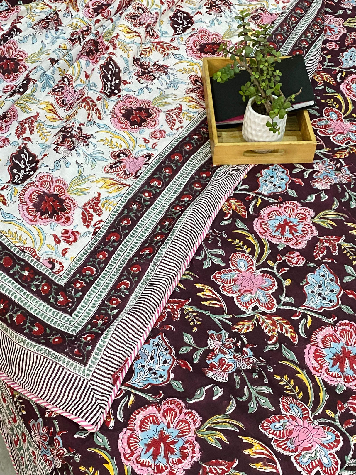 Pink & Maroon Floral Blockprint Bedsheet Dohar Set