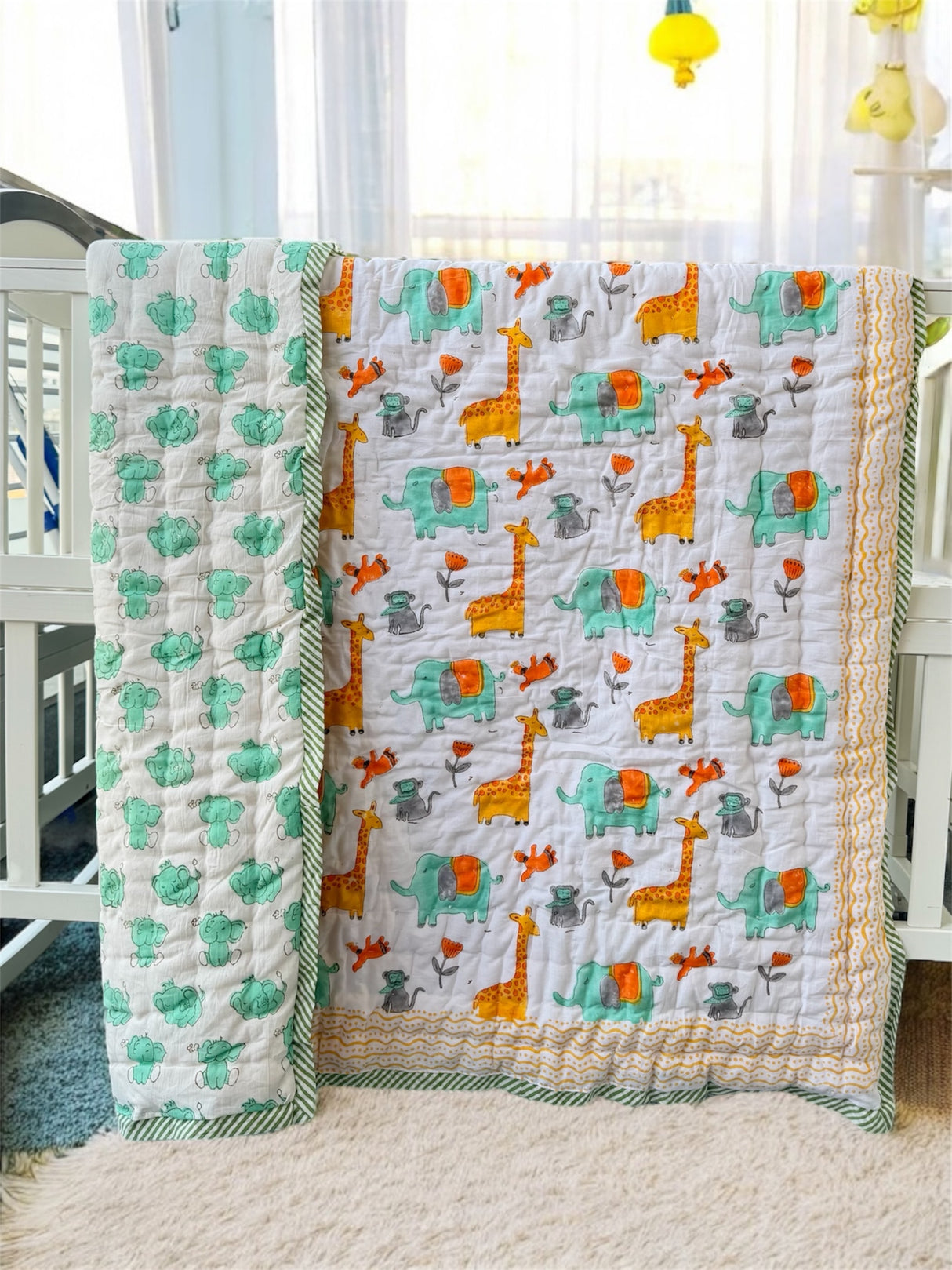 Giraffe Elephant Blockprint Kids Quilt