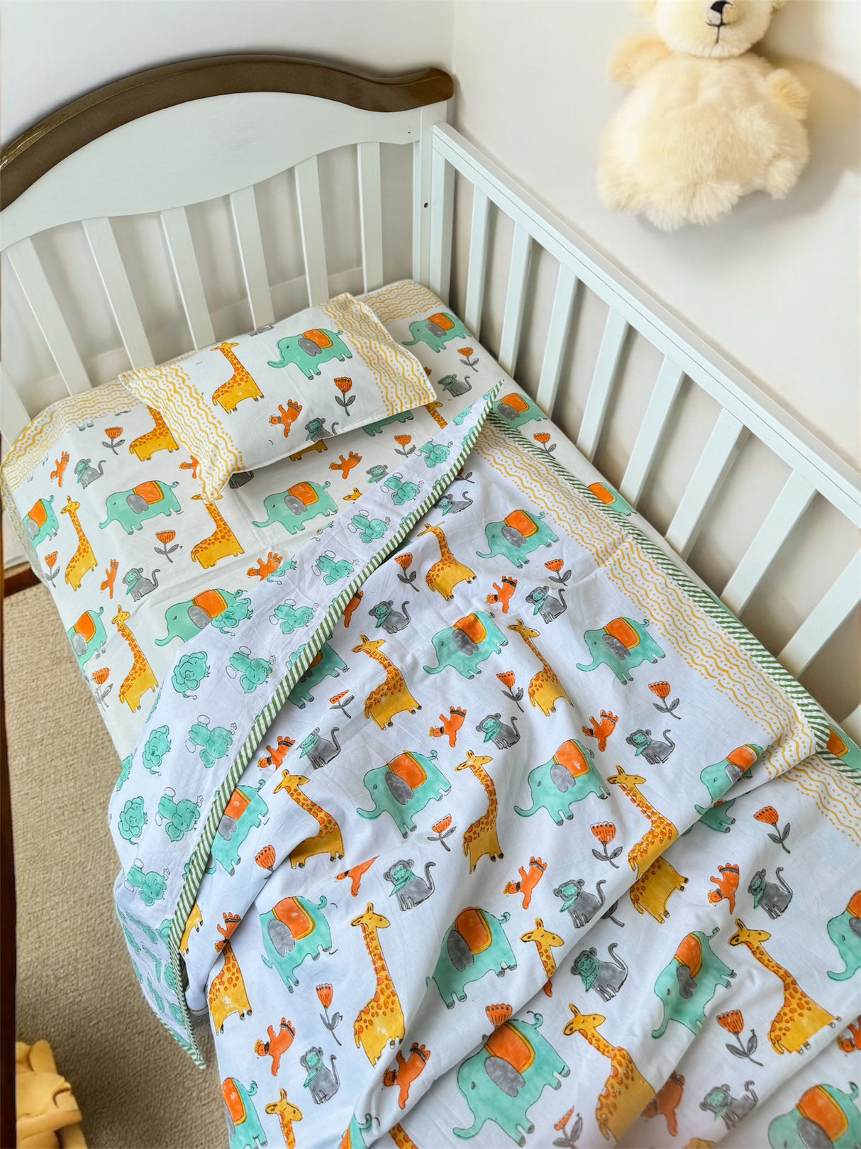 Adorable Giraffe Elephant- Baby Cot Bedding (cot sheet, dohar, pillowcase)