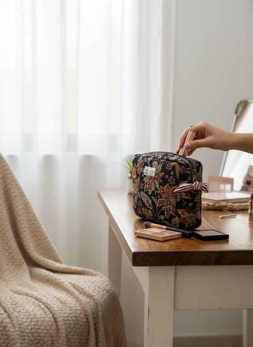 Royal Mughal Motif Cotton Quilted Travel Pouch