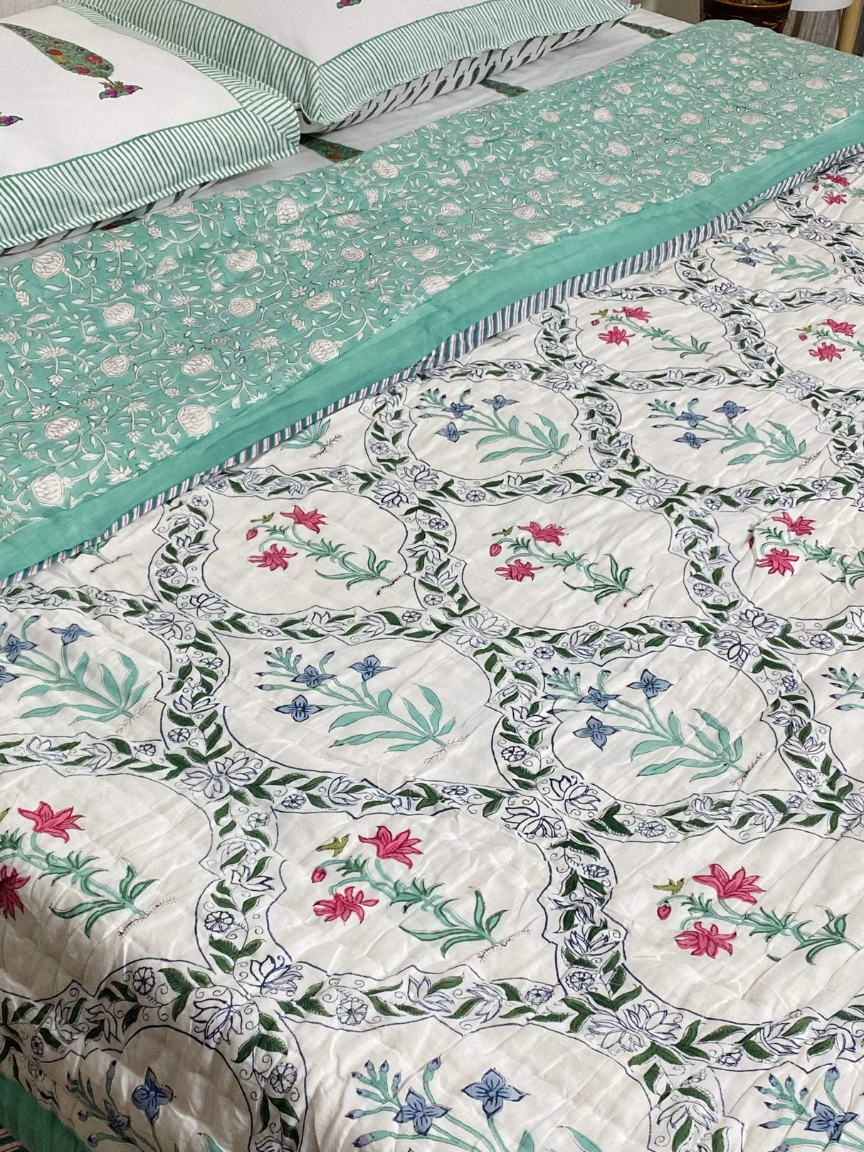 Elegant Green Floral Blockprint Bedsheet & Quilt Set