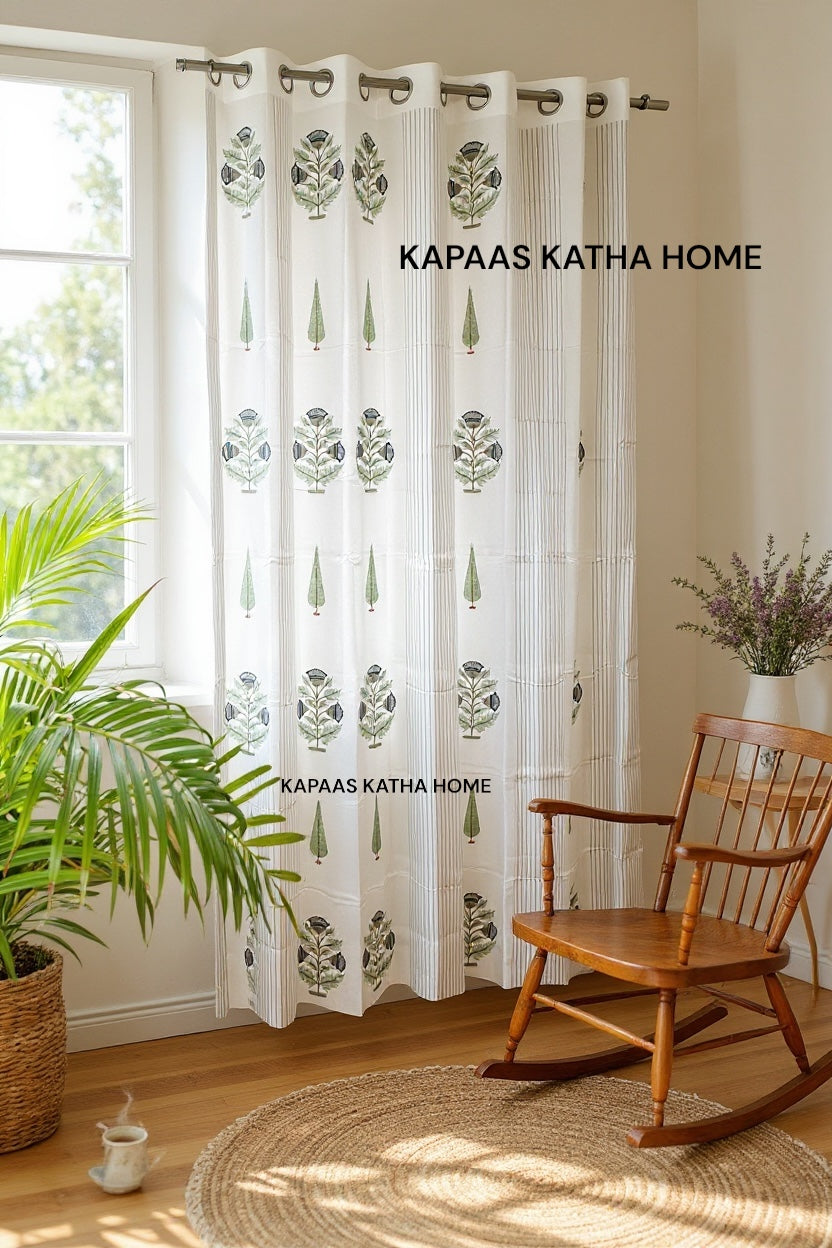 Blue Jaipuri Motifs Blockprint Cotton Curtain