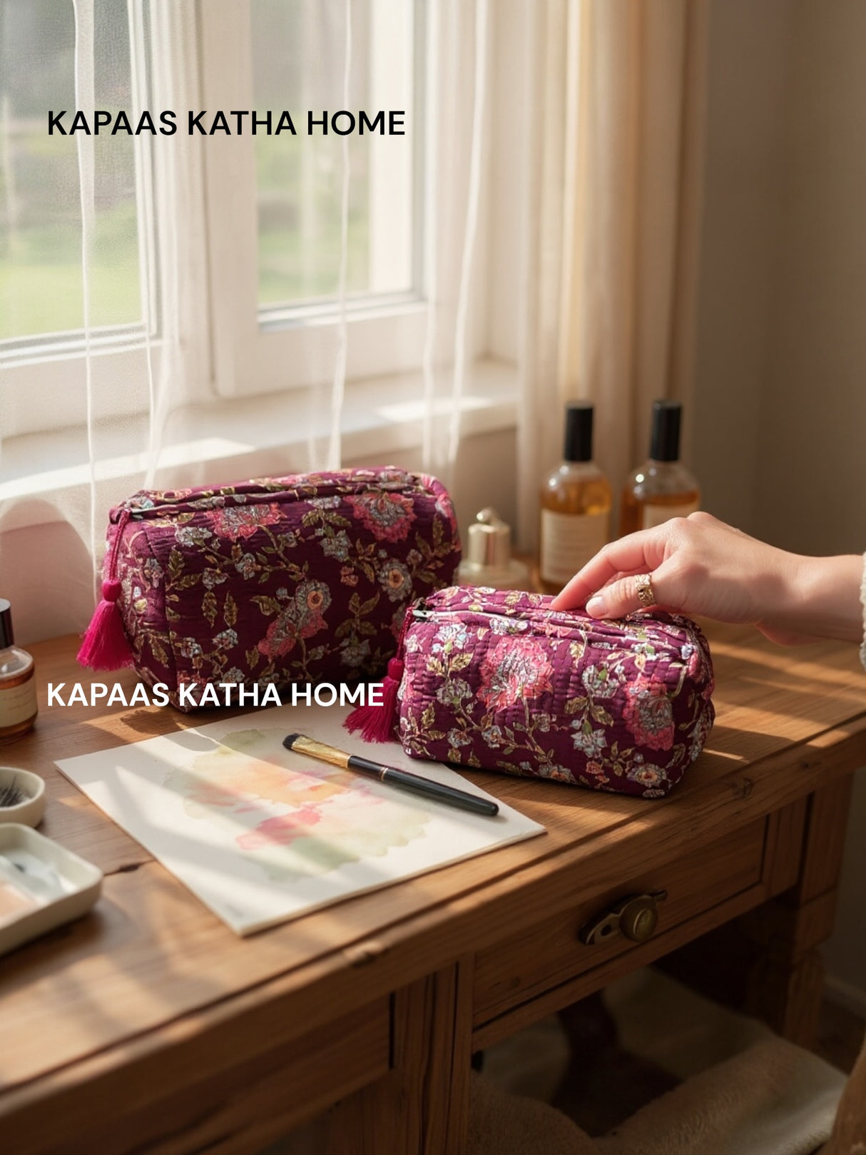 Purple Floral Set of 2 Pouches (medium and small)