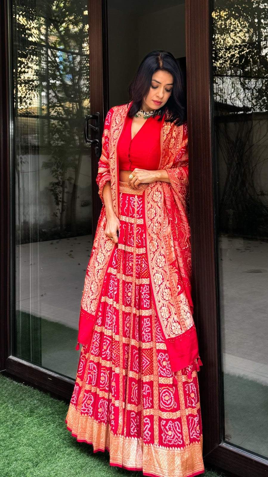 Red Banarsi Georgette Gharchola Bandhani Lehenga with Dupatta