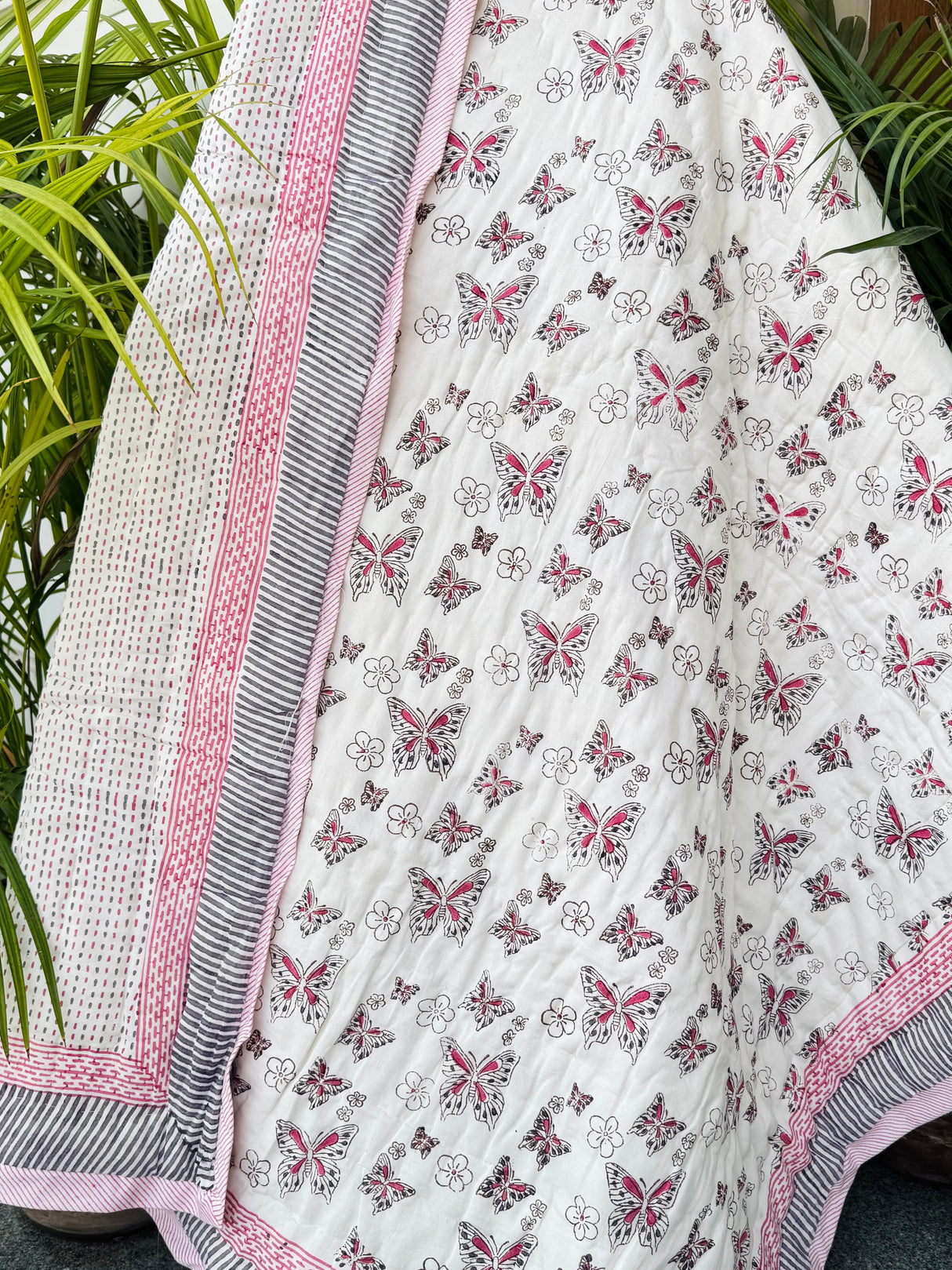 Pink Butterfly Kids Quilt Handblock Printed