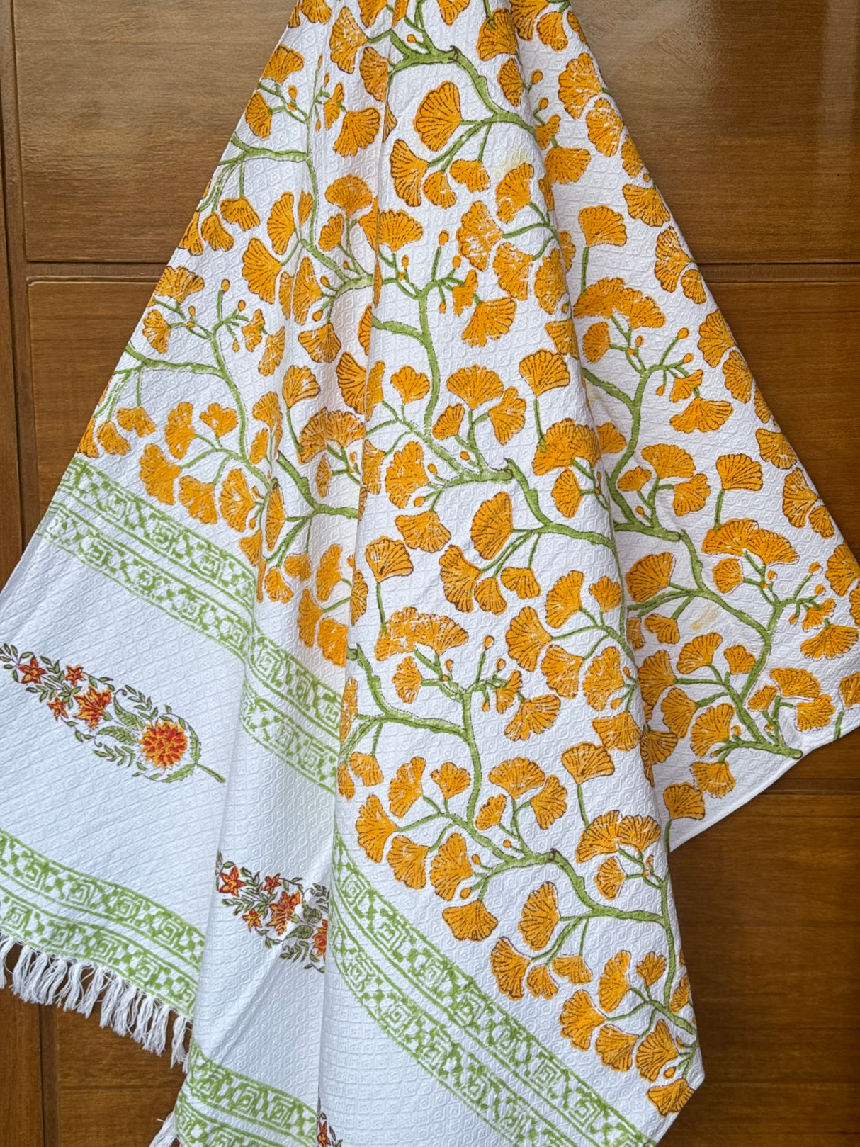 Beautiful Yellow Blockprint Soft Cotton Towel– Cotton Jacquard Weave